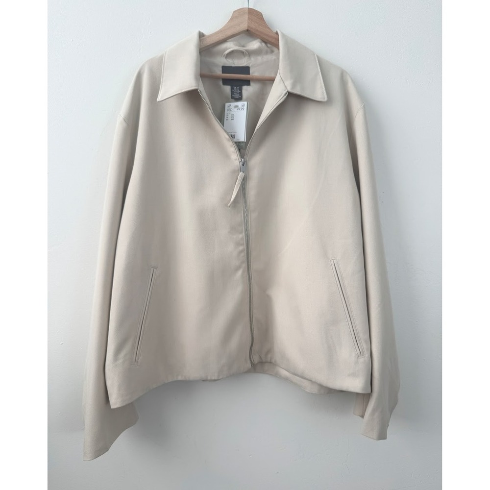 H&M Mens Regular Fit Twill Jacket XXL Beige Zip Front Minimalist NWT - Picture 2 of 8